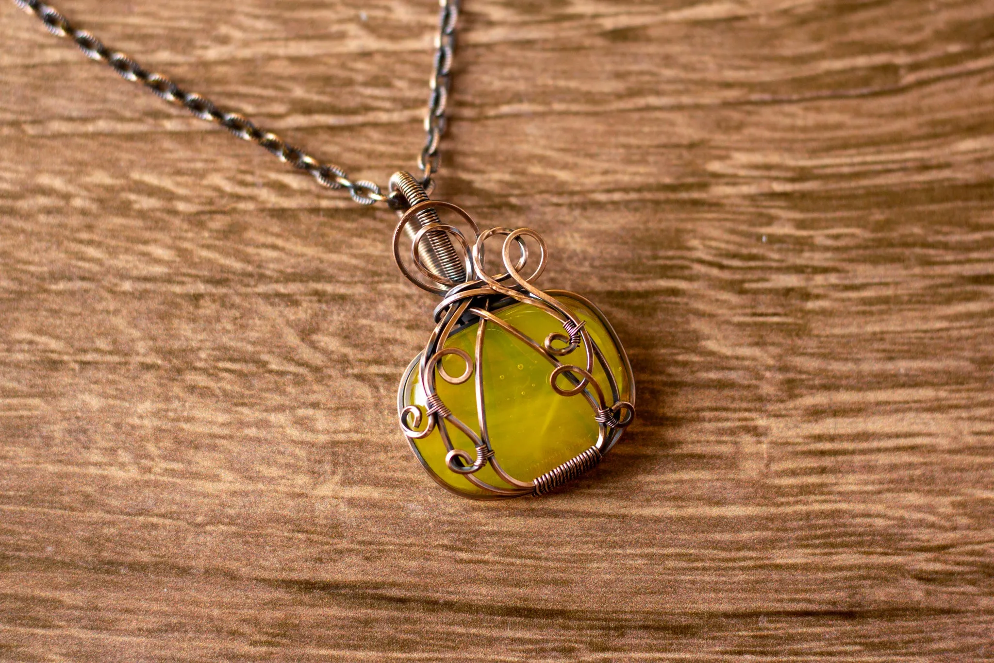 Copper Wire Pumpkin Pendant with Transparent Yellow Fused Glass
