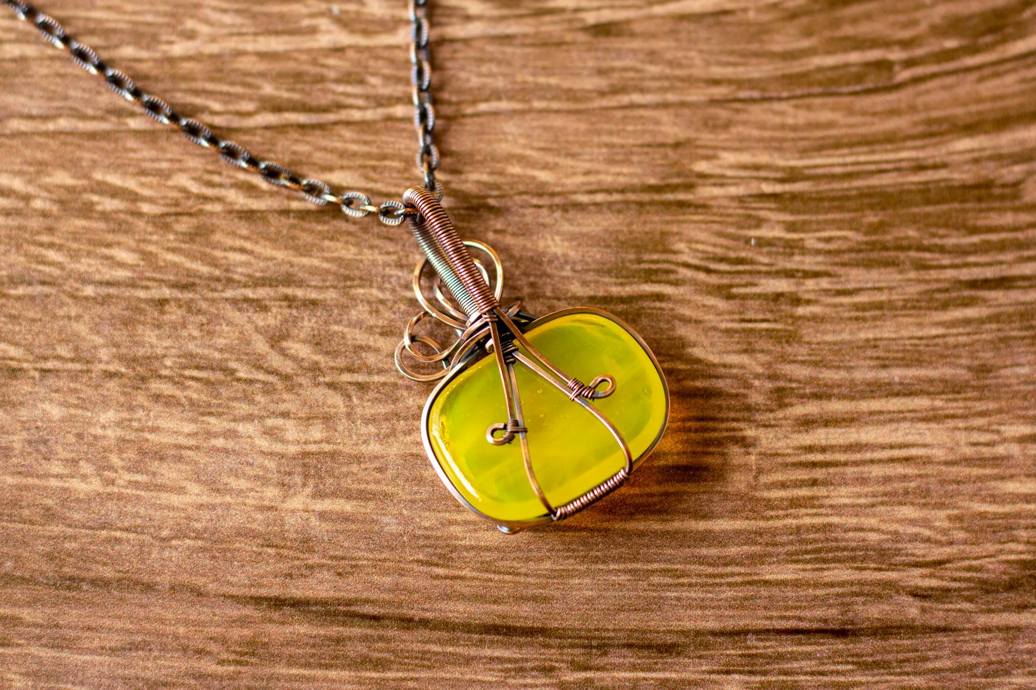 Copper Wire Pumpkin Pendant with Transparent Yellow Fused Glass