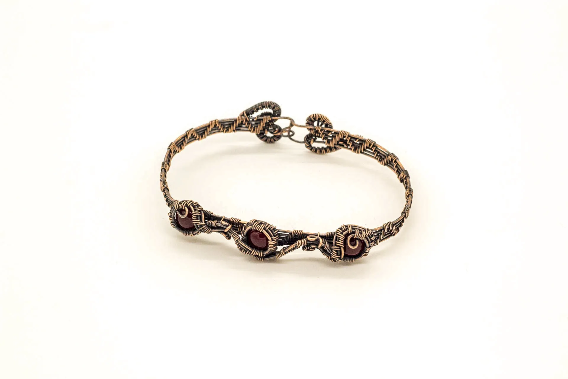 Copper Wire Wrapped Bracelet with Dark Red Fused Glass Accents