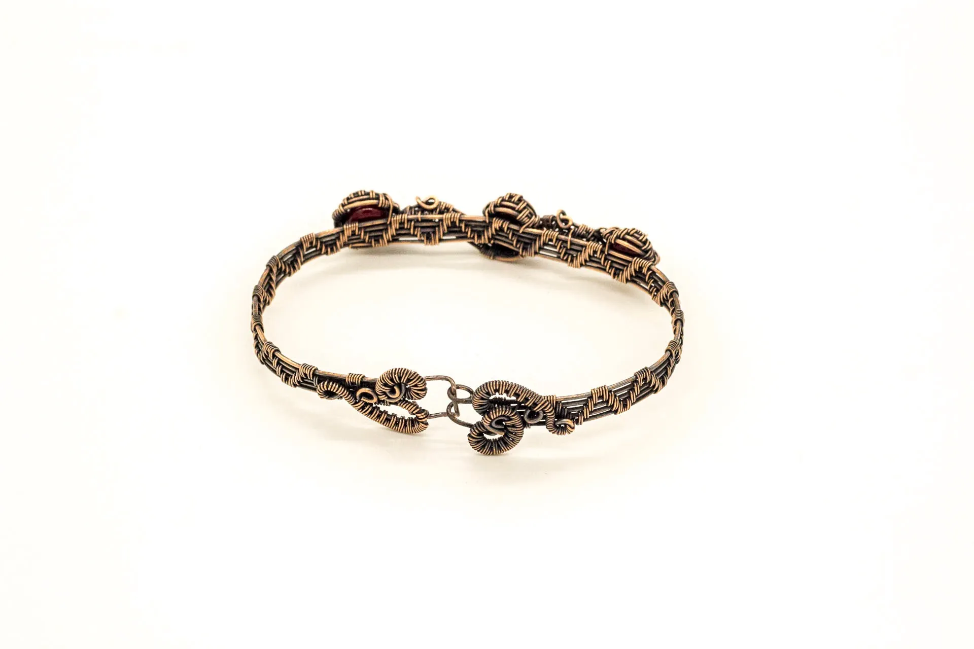 Copper Wire Wrapped Bracelet with Dark Red Fused Glass Accents