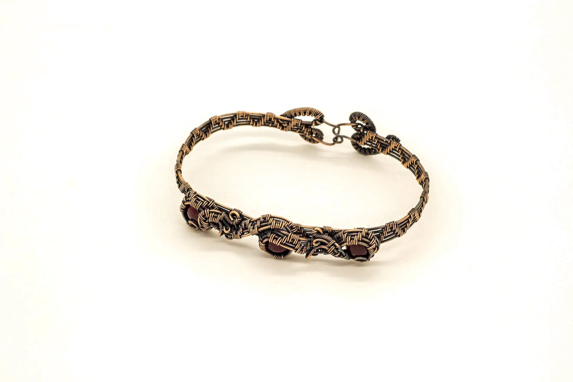 Copper Wire Wrapped Bracelet with Dark Red Fused Glass Accents