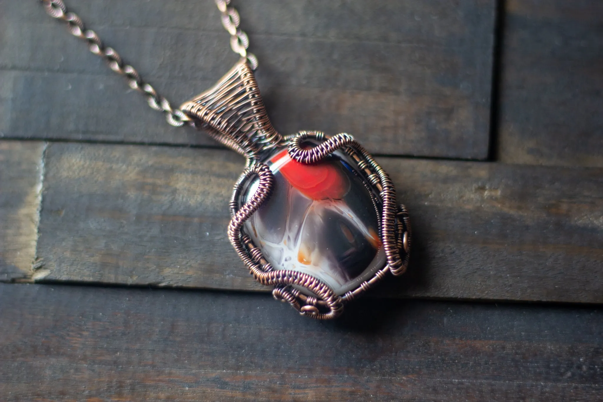 Copper Wire Wrapped Pendant with Black and Red Fused Glass