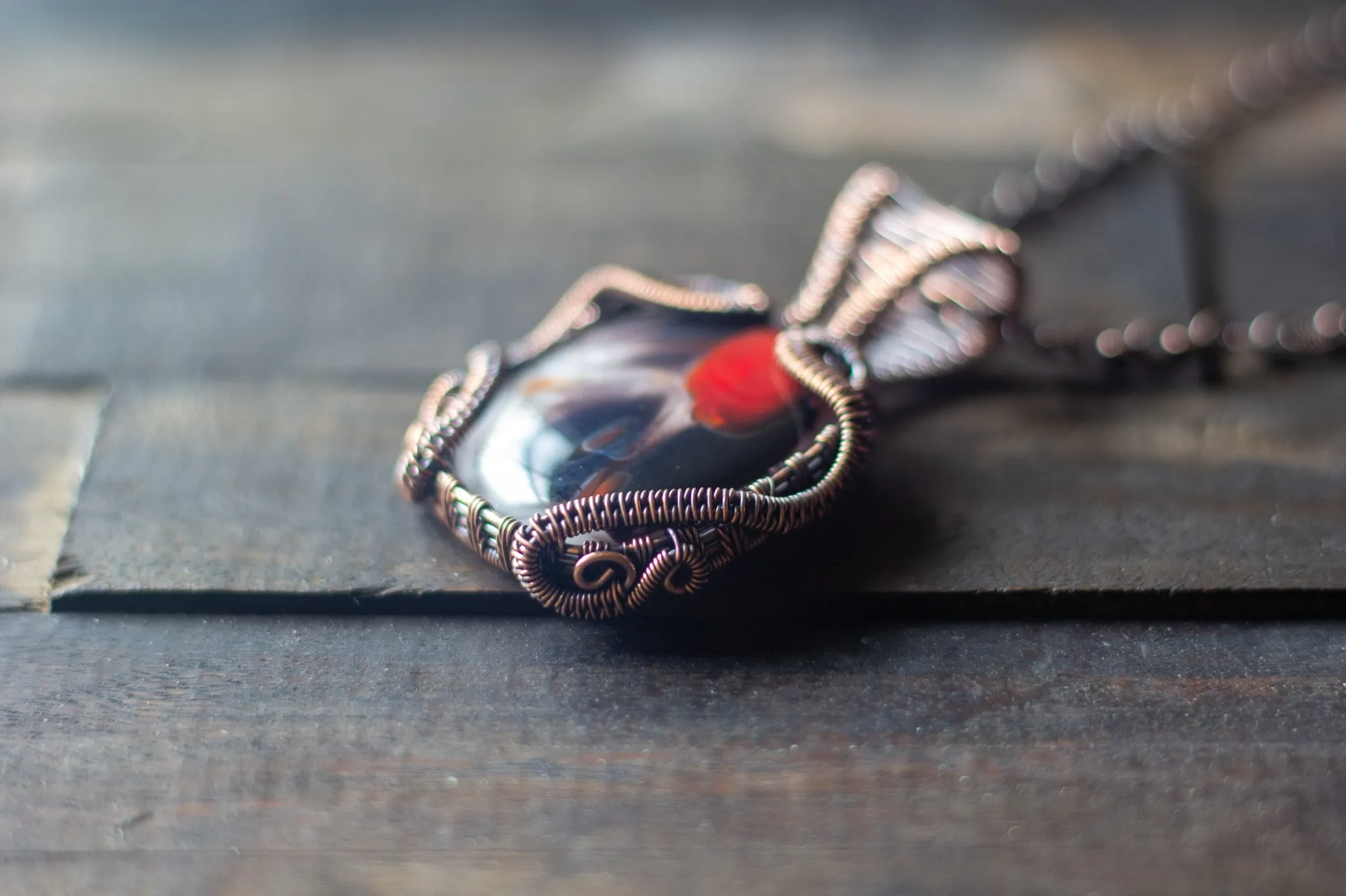 Copper Wire Wrapped Pendant with Black and Red Fused Glass
