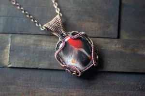 Copper Wire Wrapped Pendant with Black and Red Fused Glass