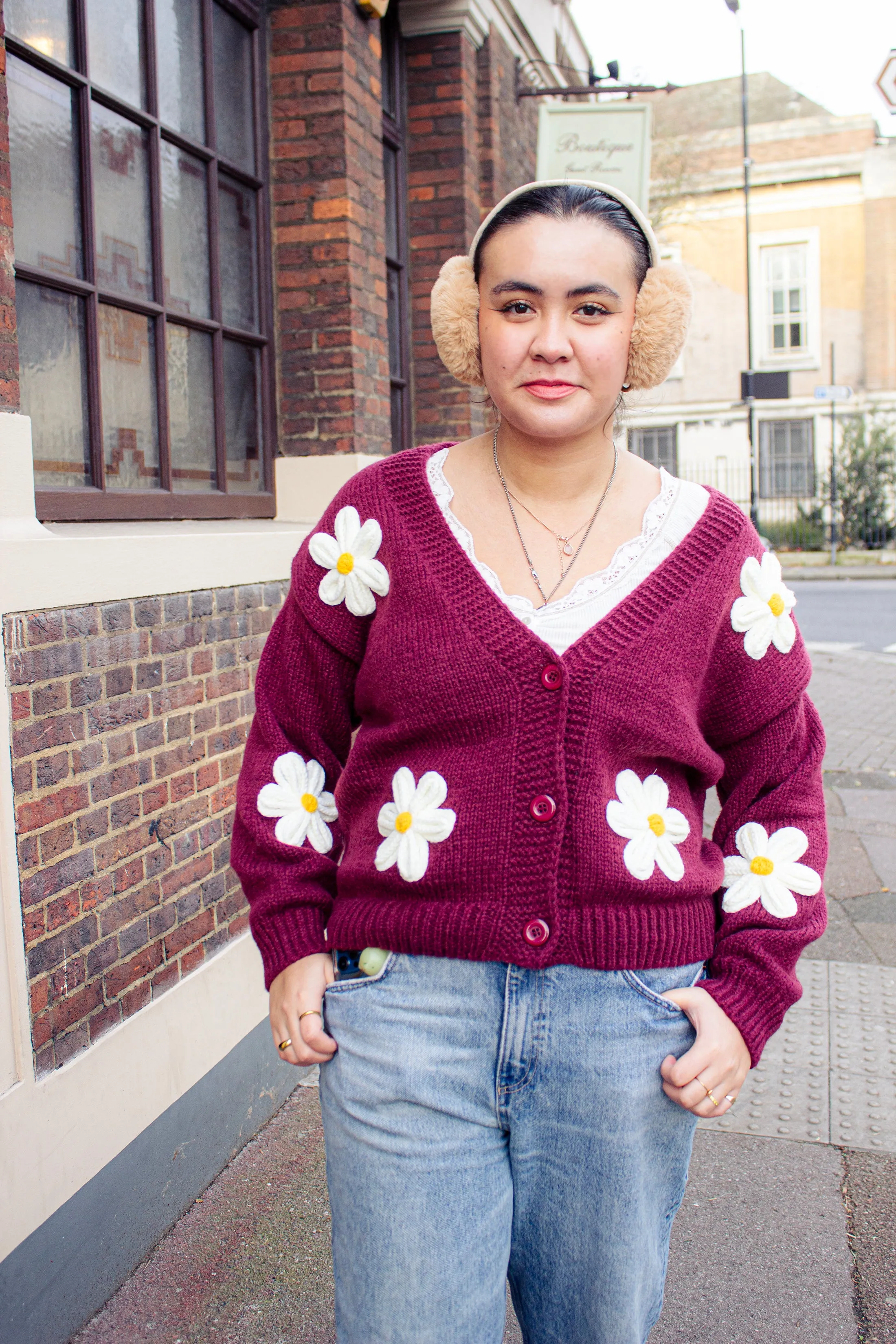 Crochet Bobble Applique Relaxed Daisy Cardigan