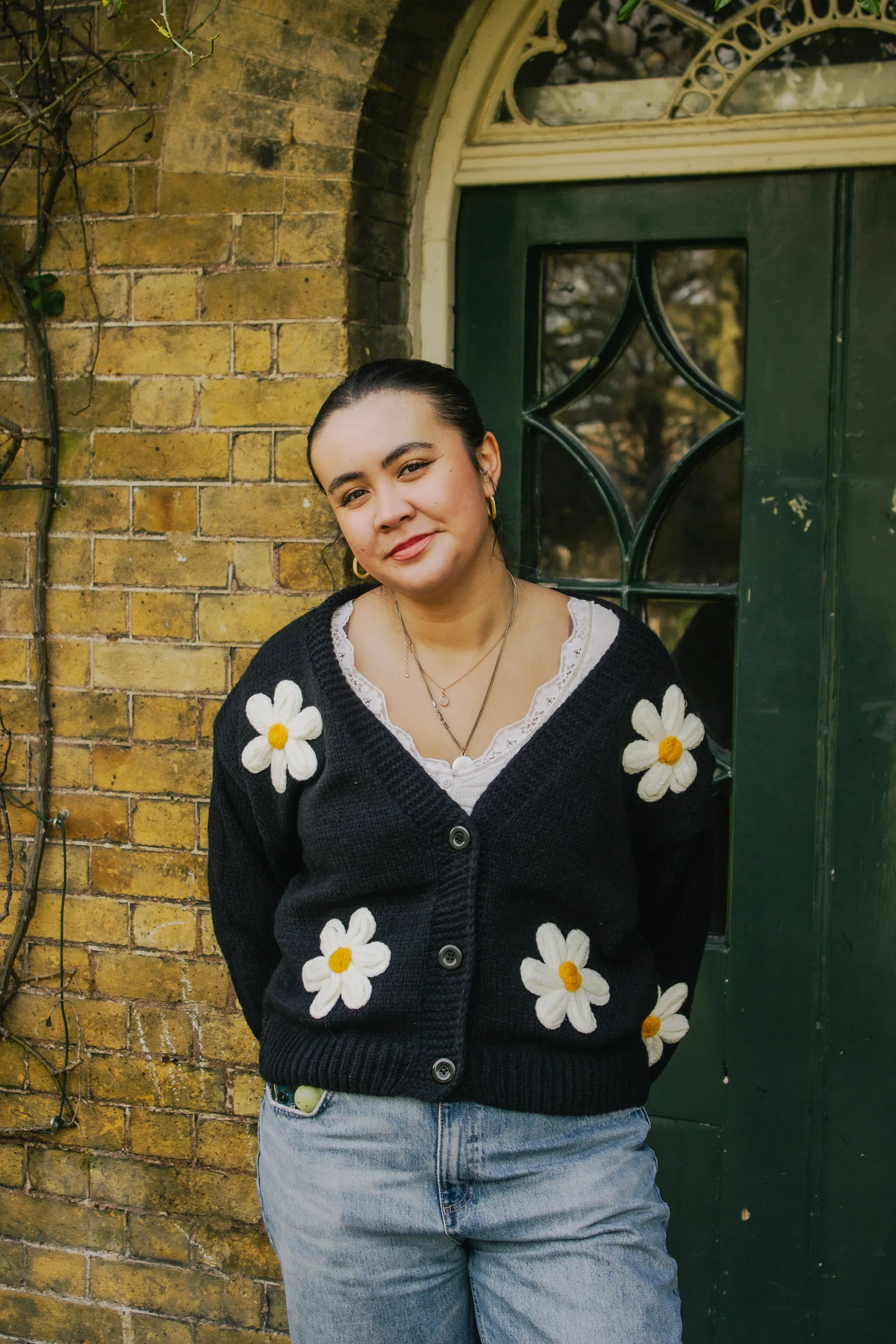 Crochet Bobble Applique Relaxed Daisy Cardigan