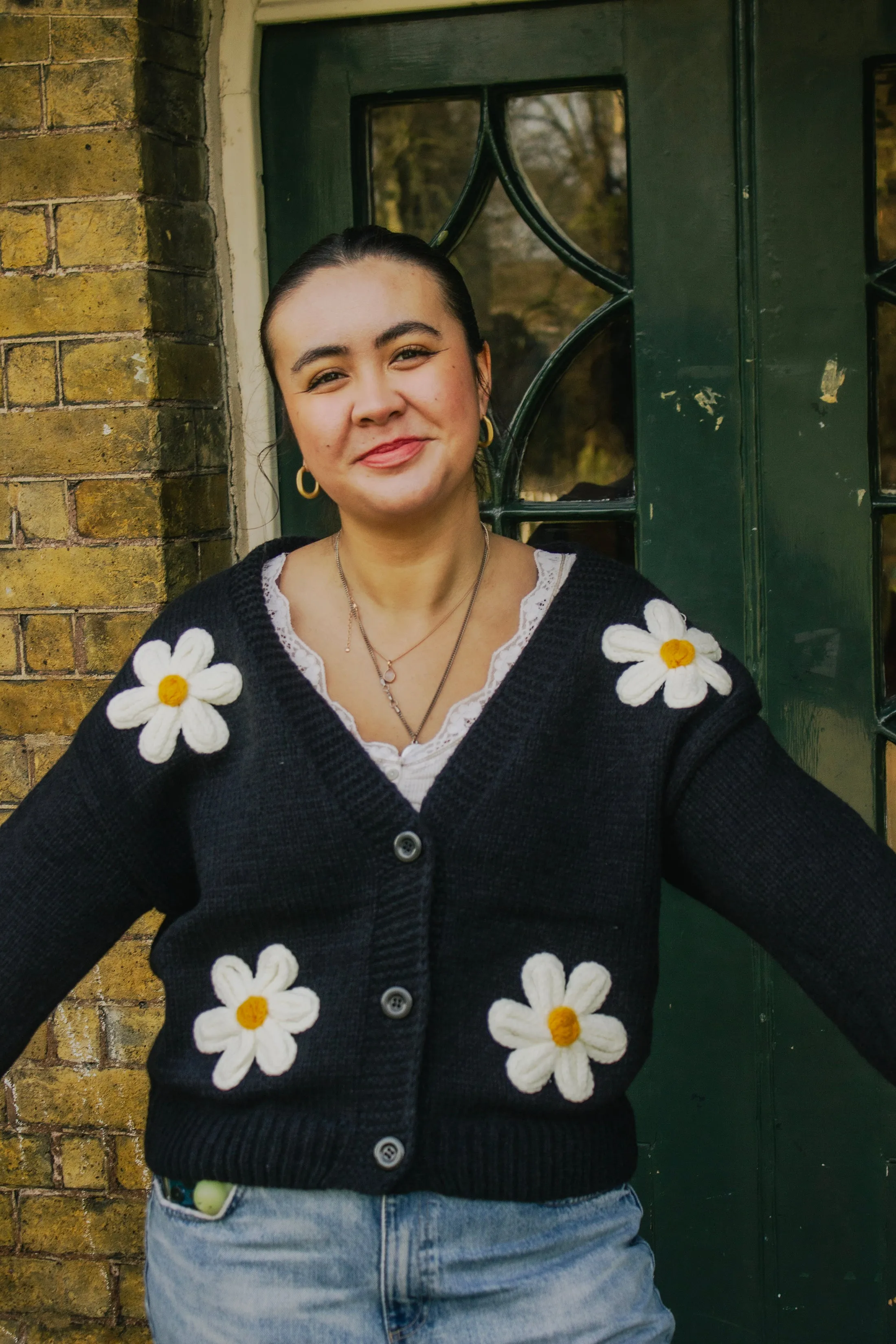 Crochet Bobble Applique Relaxed Daisy Cardigan