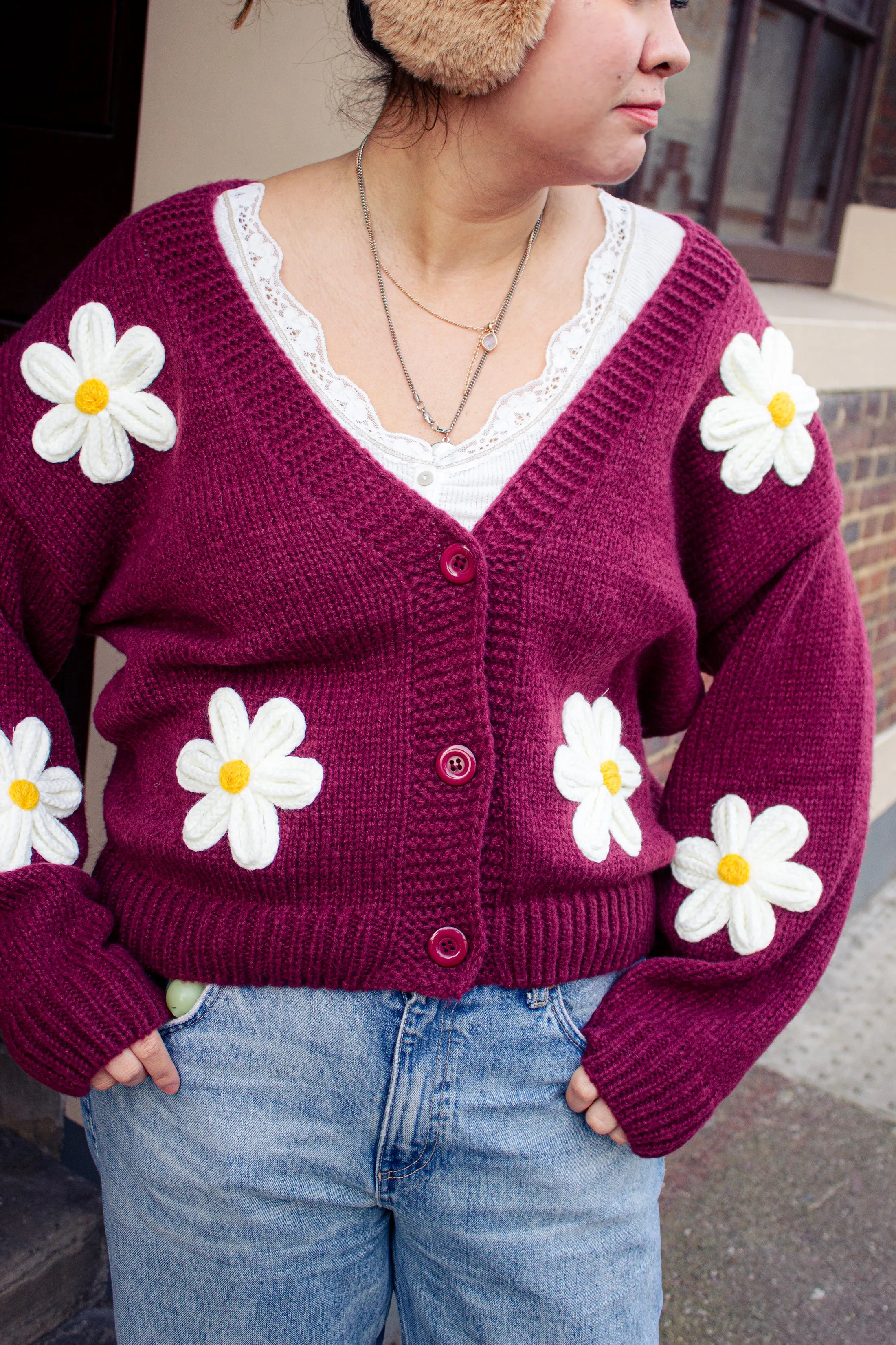 Crochet Bobble Applique Relaxed Daisy Cardigan