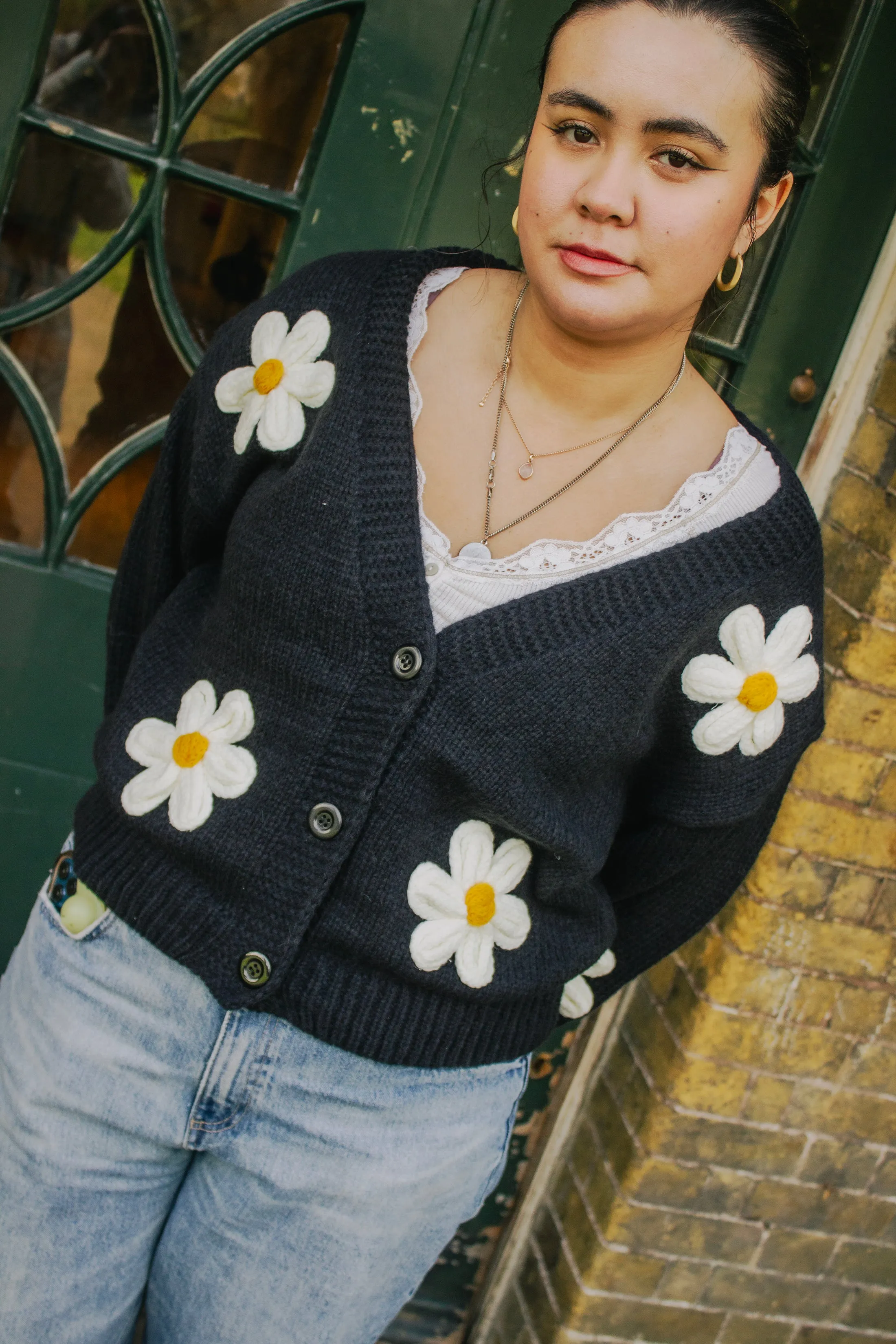Crochet Bobble Applique Relaxed Daisy Cardigan
