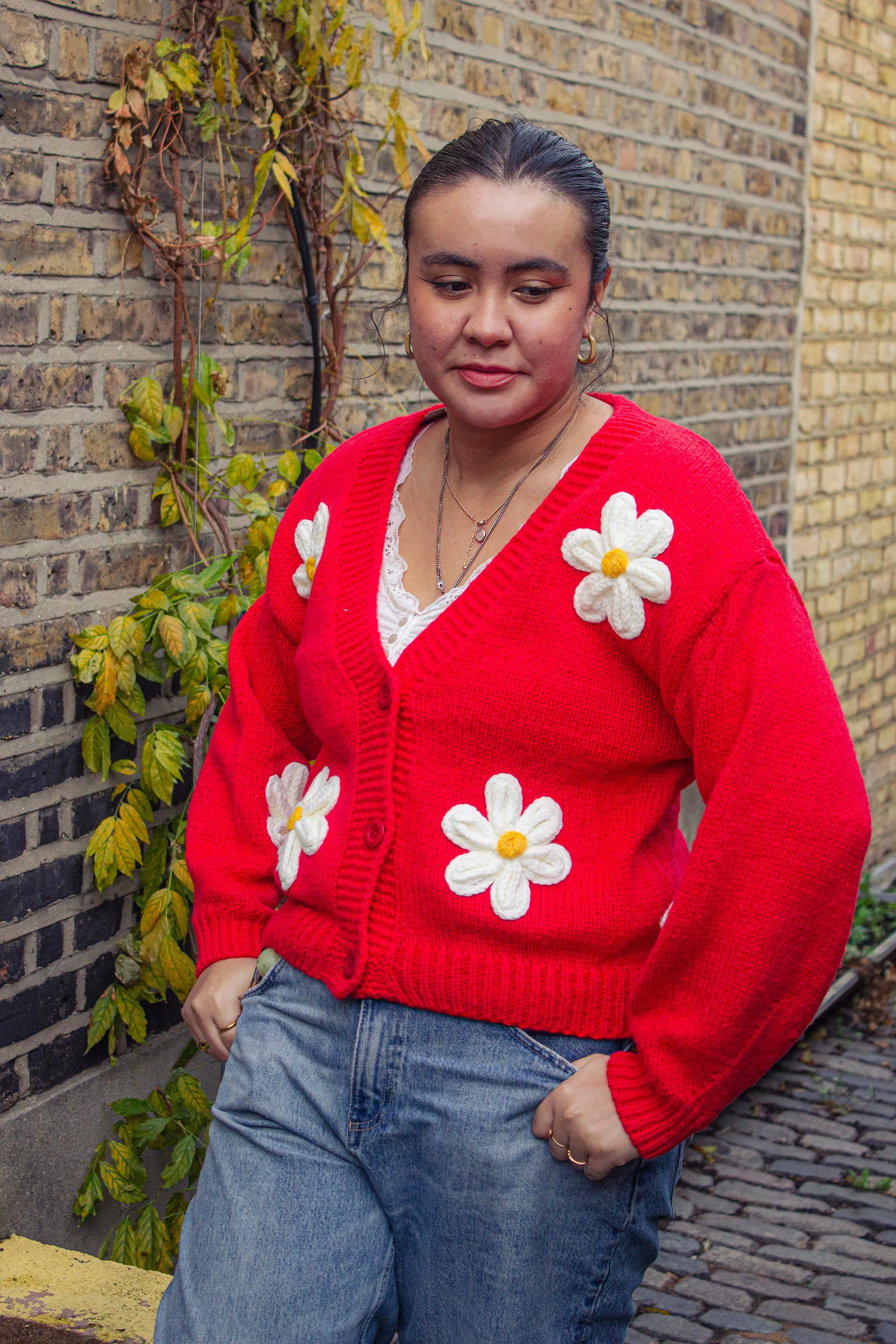 Crochet Bobble Applique Relaxed Daisy Cardigan