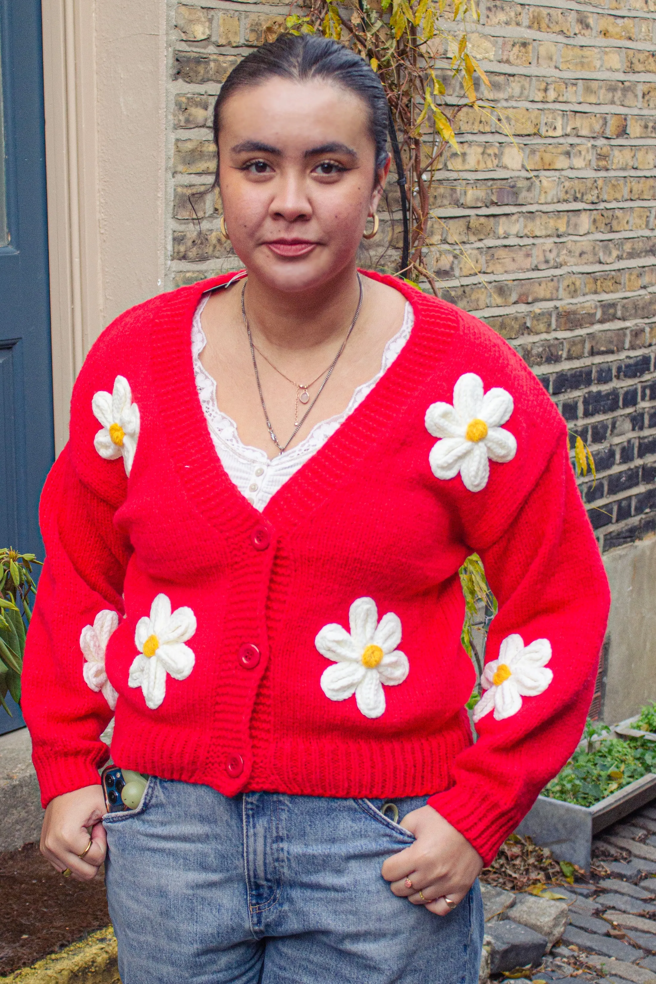 Crochet Bobble Applique Relaxed Daisy Cardigan