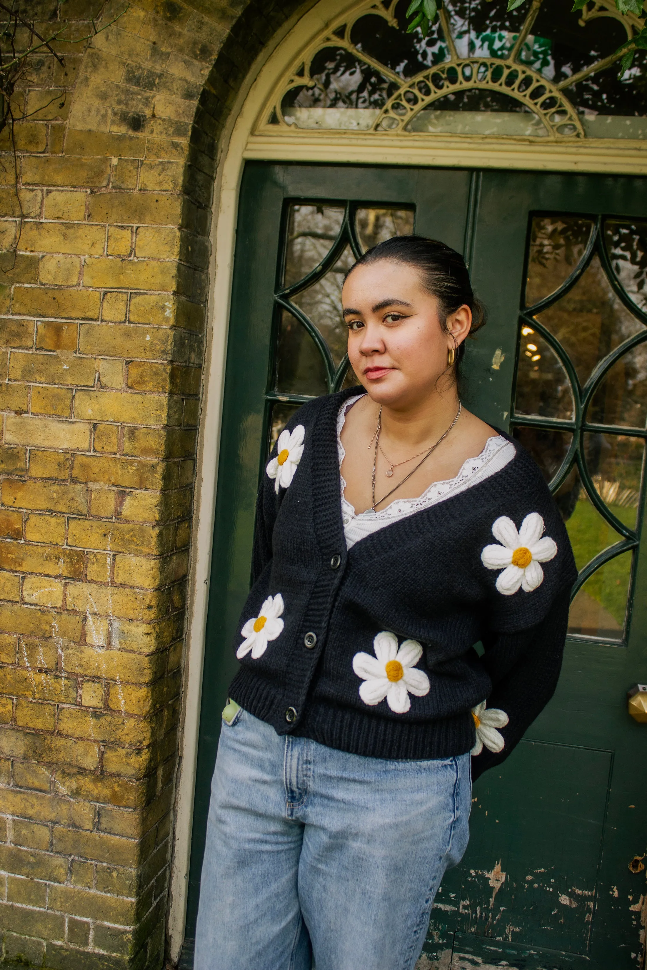 Crochet Bobble Applique Relaxed Daisy Cardigan