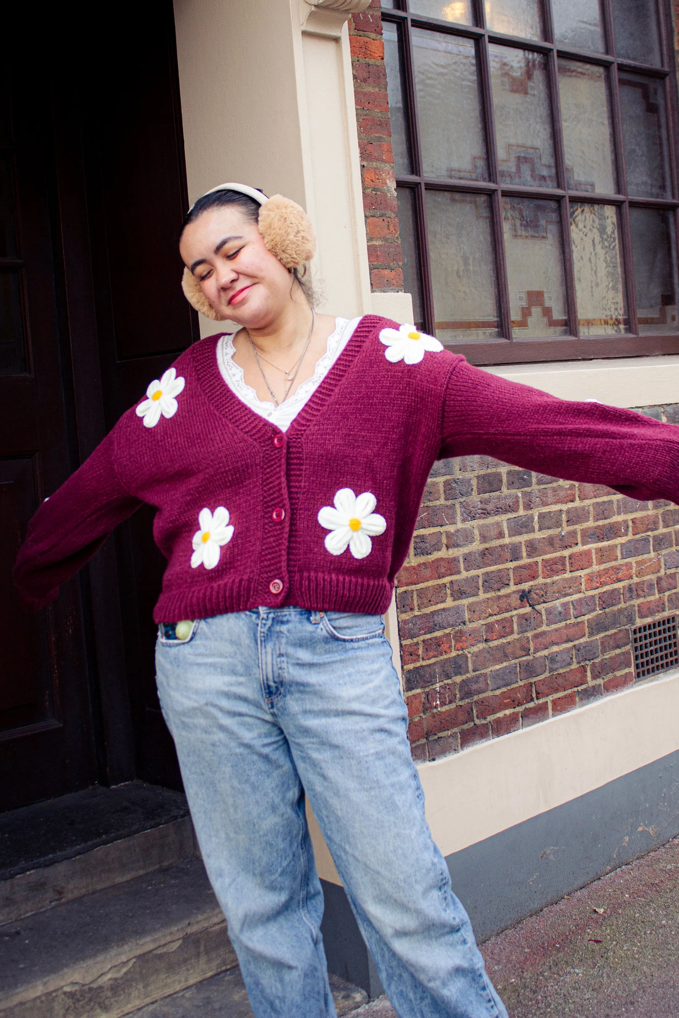 Crochet Bobble Applique Relaxed Daisy Cardigan