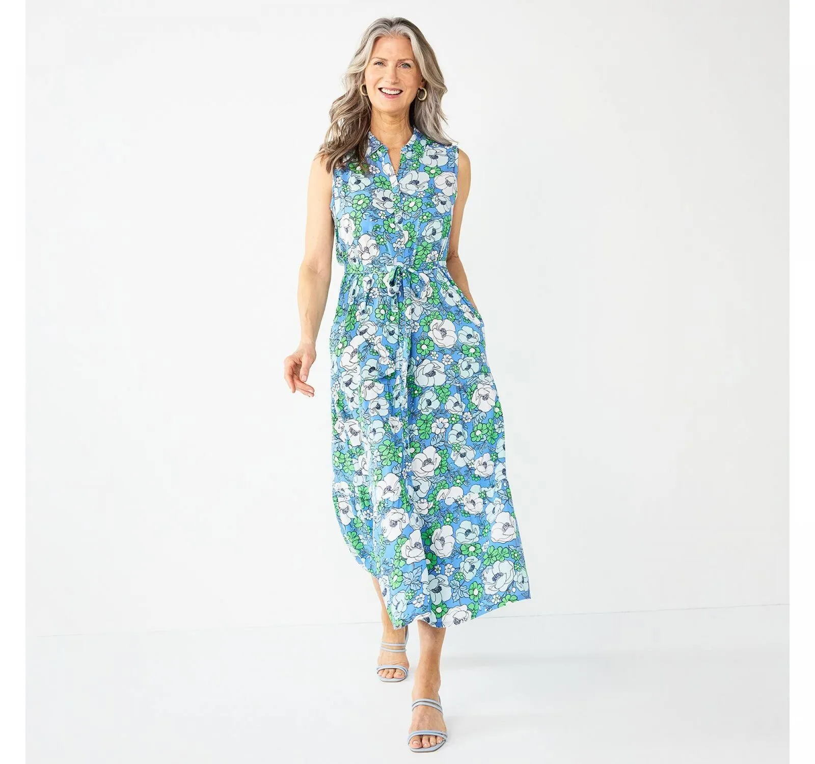 Croft & Barrow Womens Petite Sleeveless Maxi Shirt Dress  Blue Green Poppy PXL