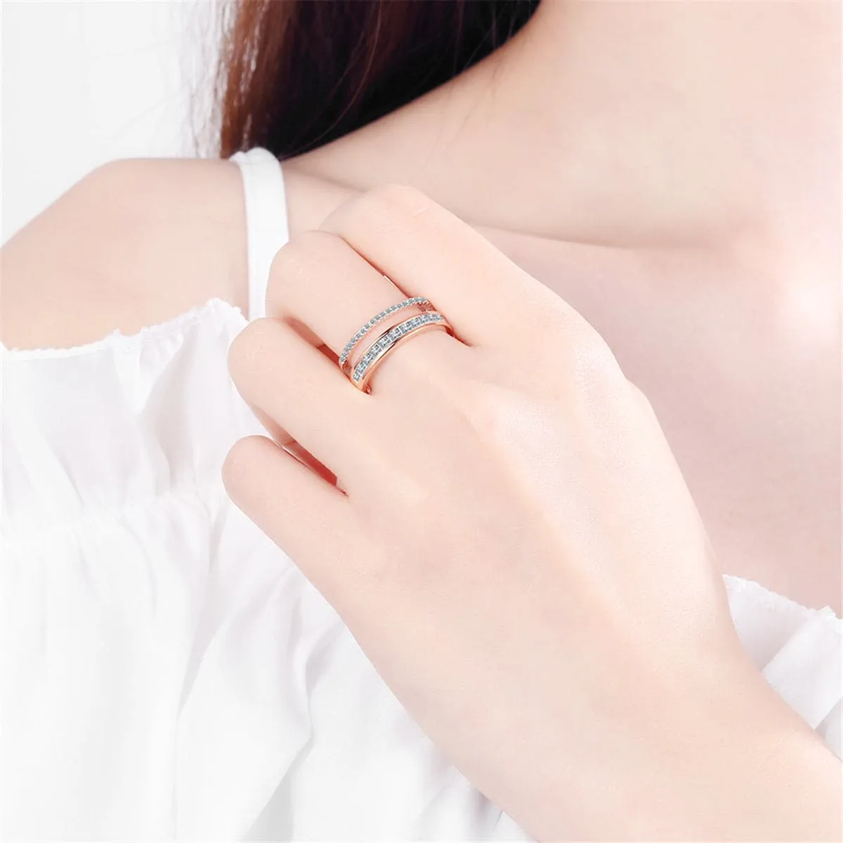 Cubic Zirconia & Crystal 18K Rose Gold-Plated Open Adjustable Ring