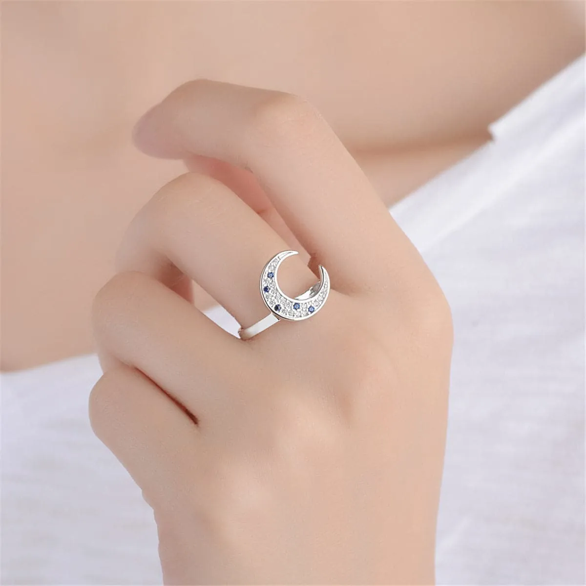 Cubic Zirconia & Silver-Plated Crescent Moon Ring