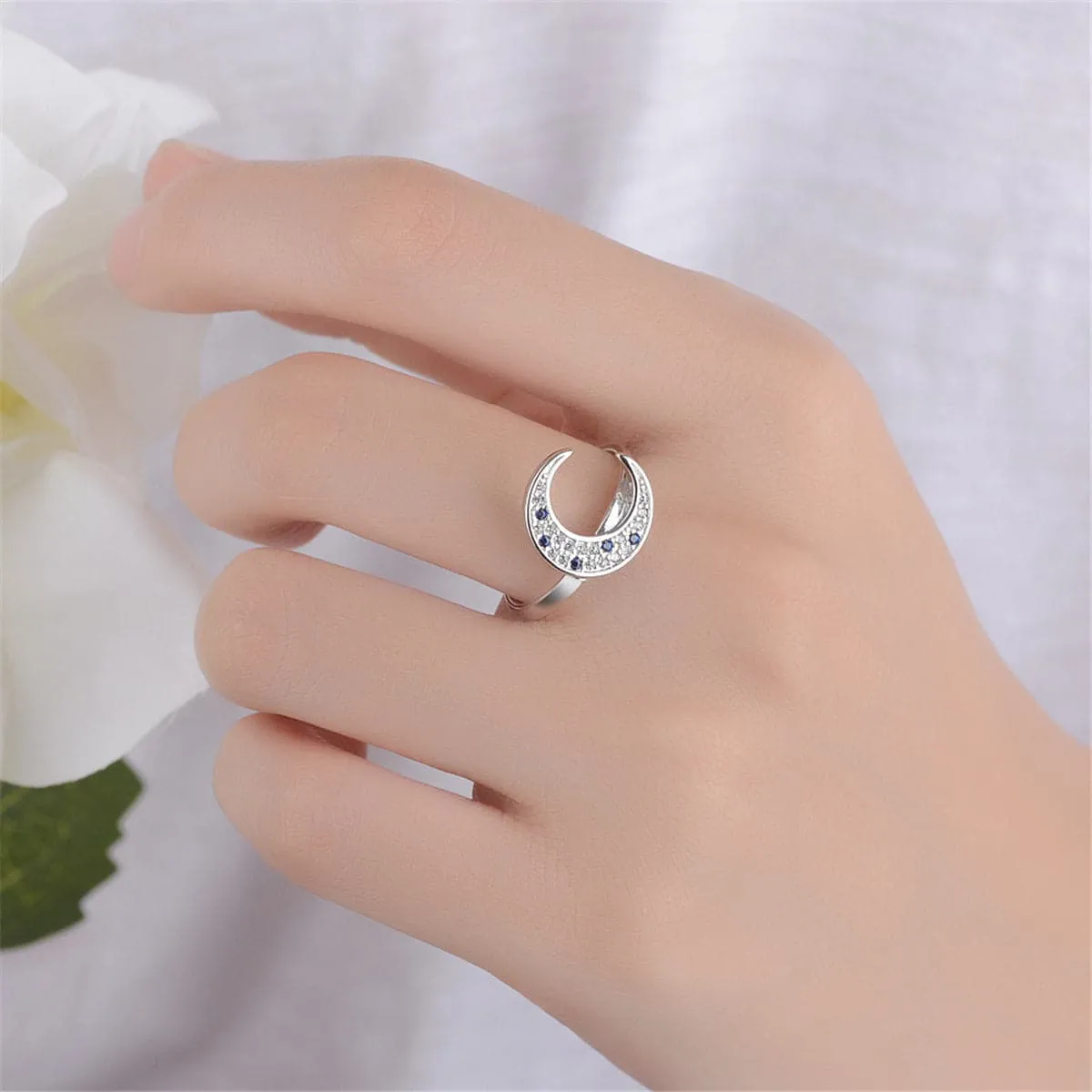Cubic Zirconia & Silver-Plated Crescent Moon Ring