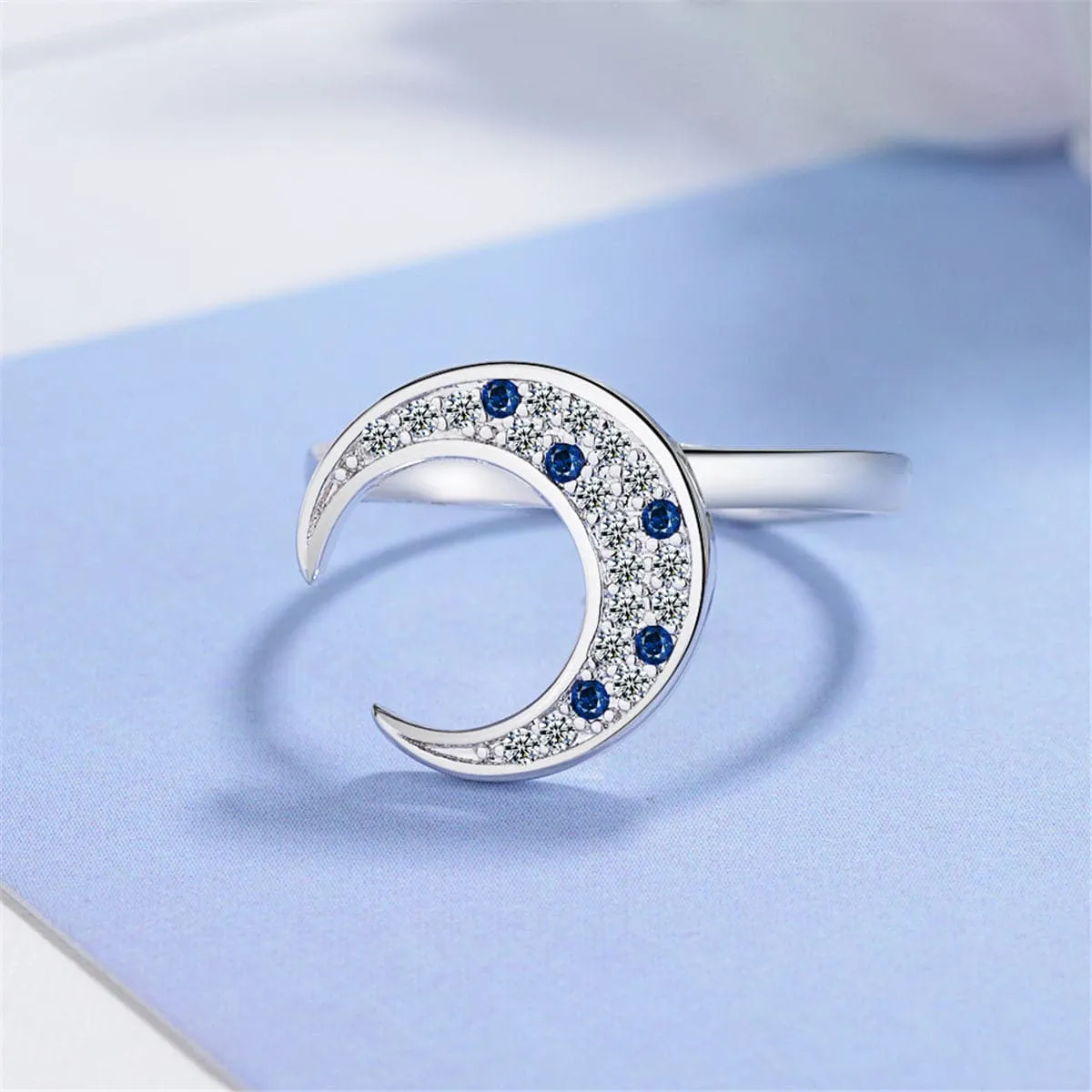 Cubic Zirconia & Silver-Plated Crescent Moon Ring