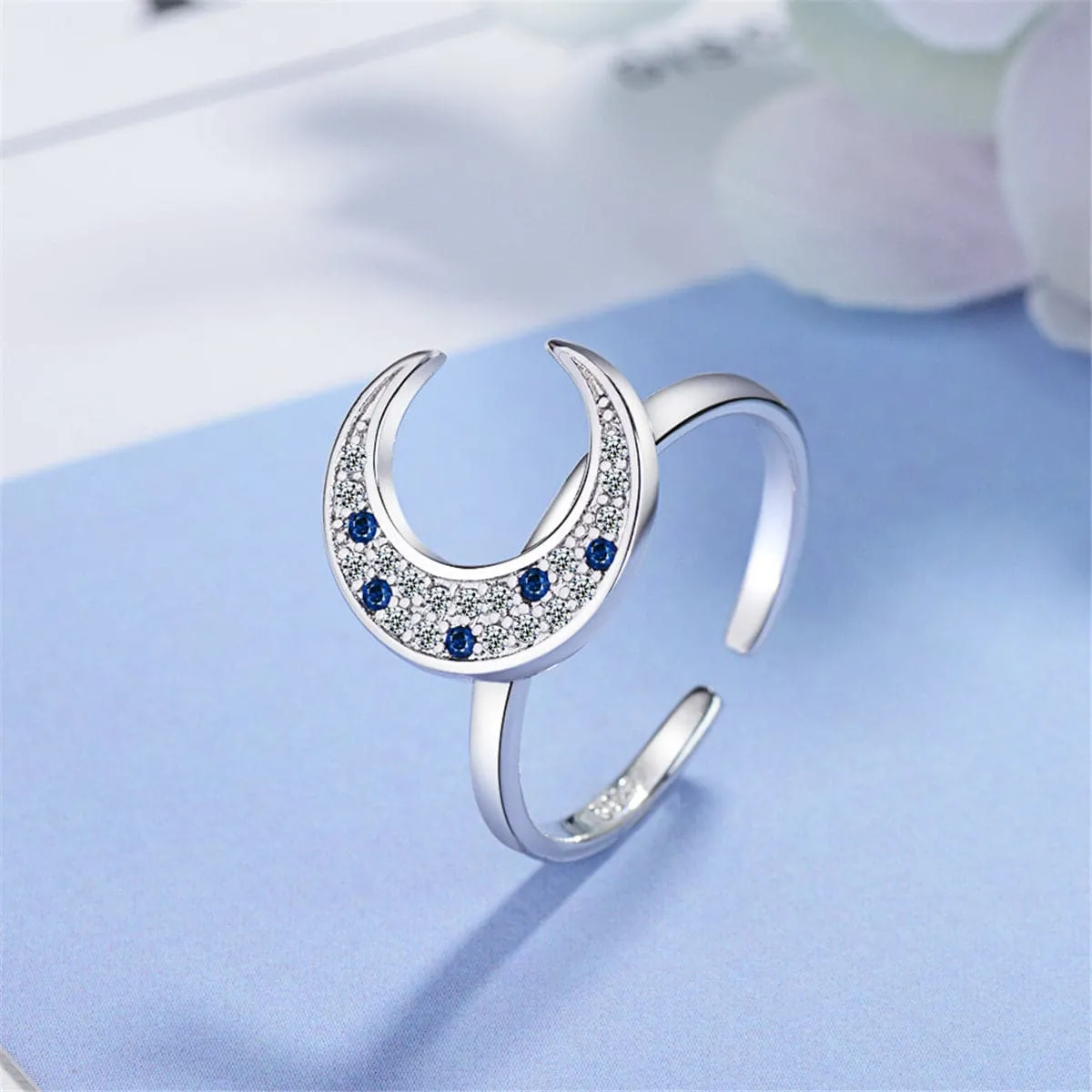 Cubic Zirconia & Silver-Plated Crescent Moon Ring