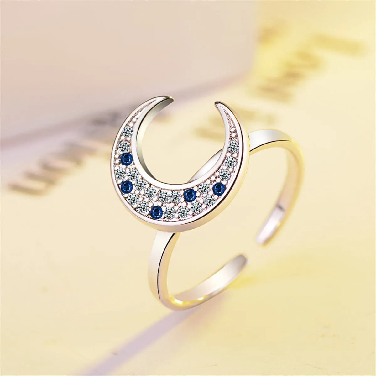 Cubic Zirconia & Silver-Plated Crescent Moon Ring