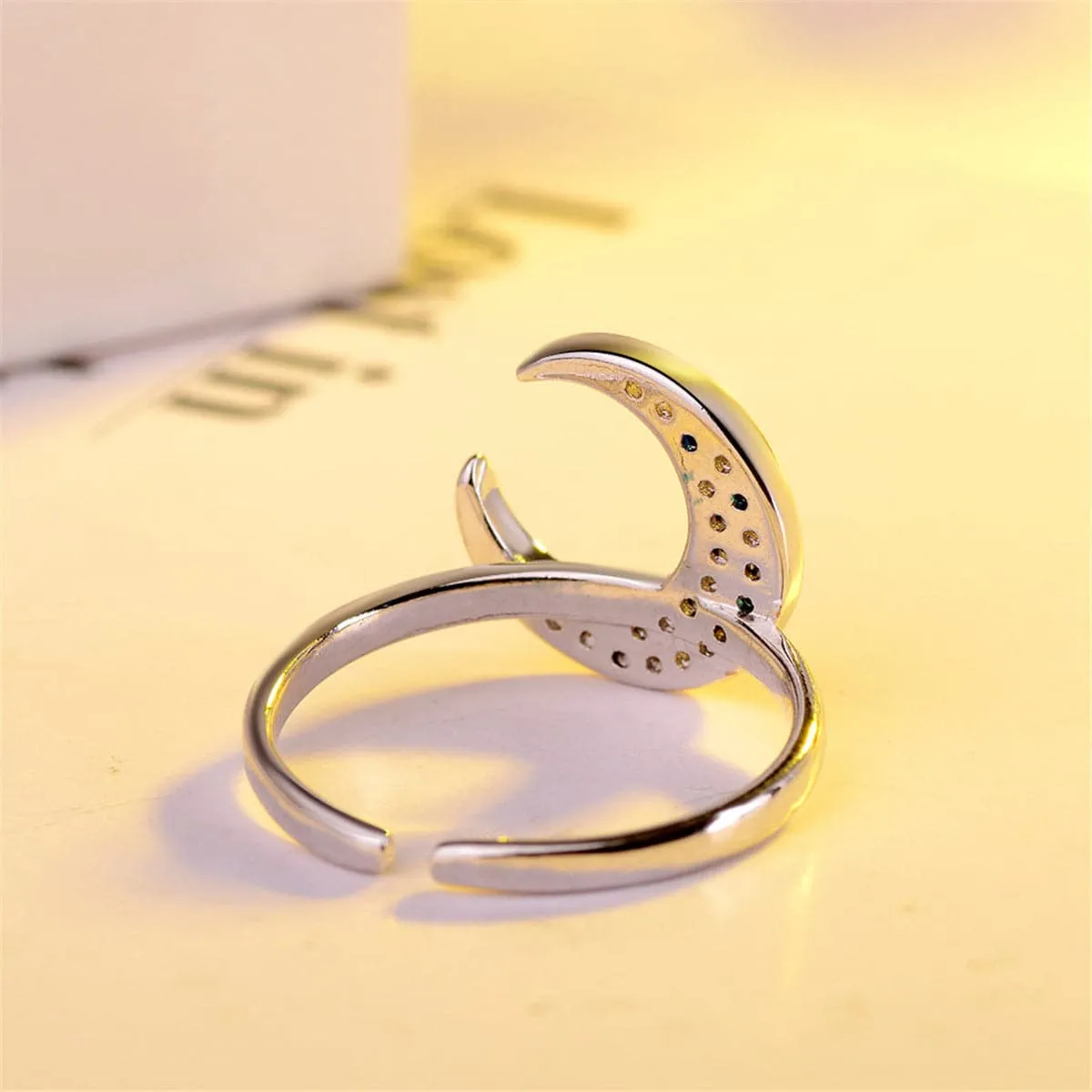 Cubic Zirconia & Silver-Plated Crescent Moon Ring