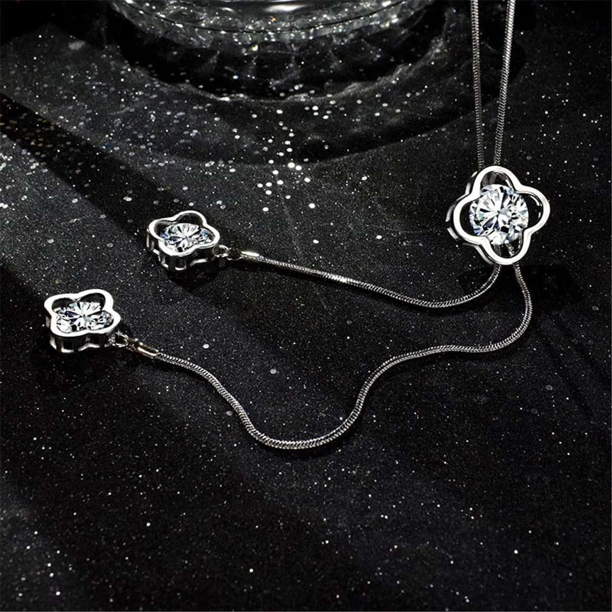 Cubic Zirconia & Silver-Plated Triple-Clover Pendant Necklace