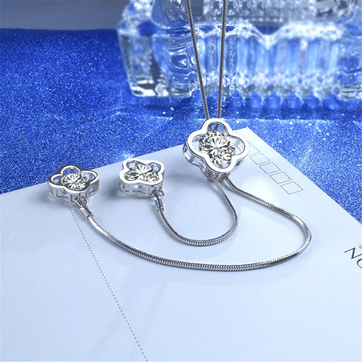 Cubic Zirconia & Silver-Plated Triple-Clover Pendant Necklace