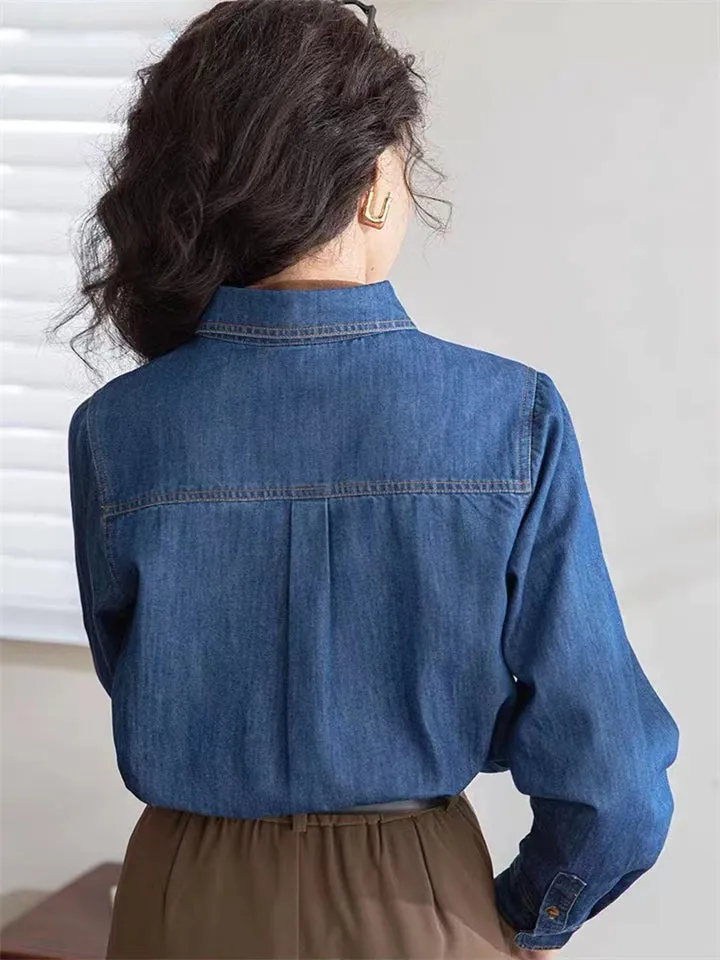 Dark Blue Vintage Autumn Temperament Denim Shirt for Women
