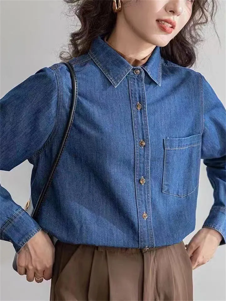 Dark Blue Vintage Autumn Temperament Denim Shirt for Women