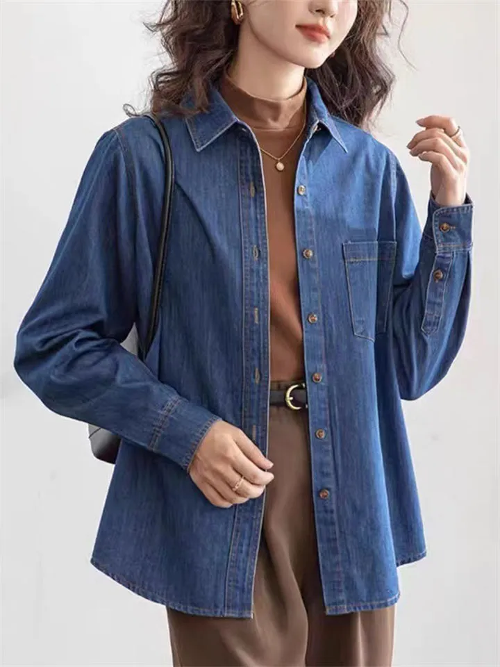 Dark Blue Vintage Autumn Temperament Denim Shirt for Women