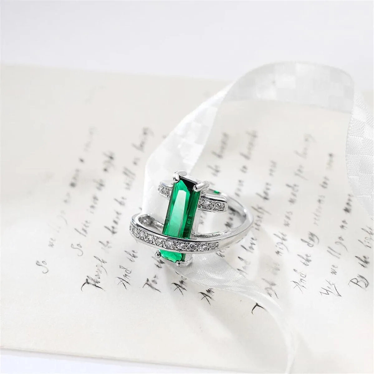 Dark Green Crystal & Cubic Zirconia Bypass Ring