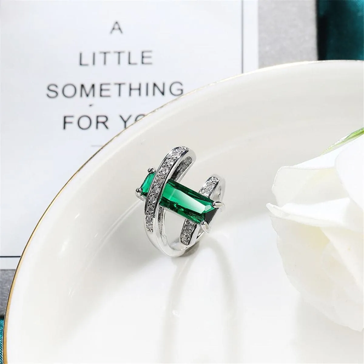 Dark Green Crystal & Cubic Zirconia Bypass Ring