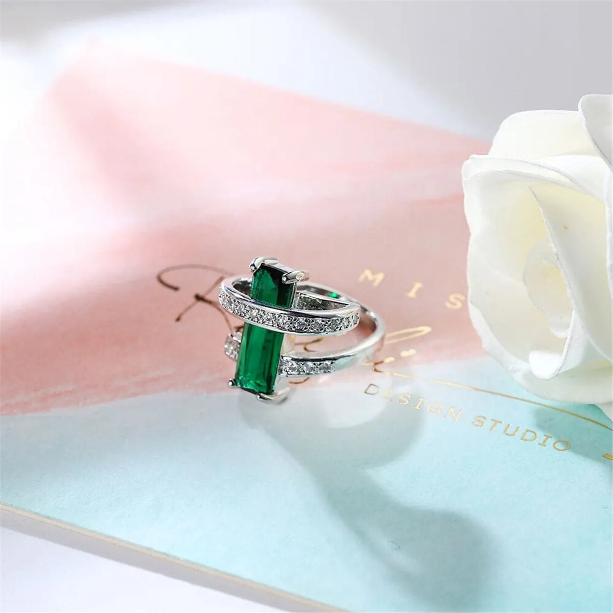 Dark Green Crystal & Cubic Zirconia Bypass Ring