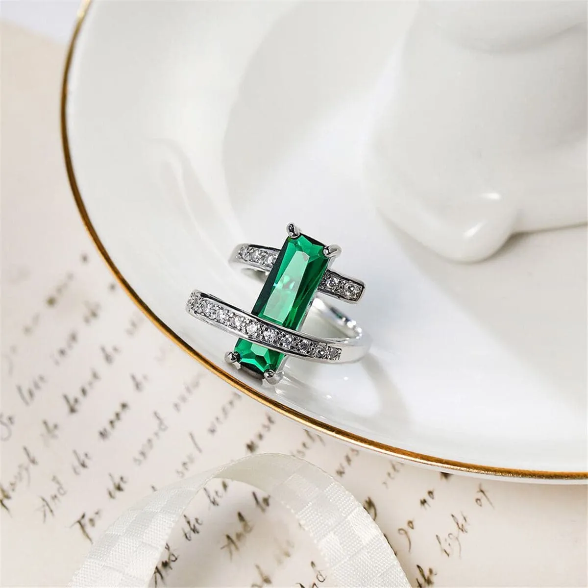 Dark Green Crystal & Cubic Zirconia Bypass Ring