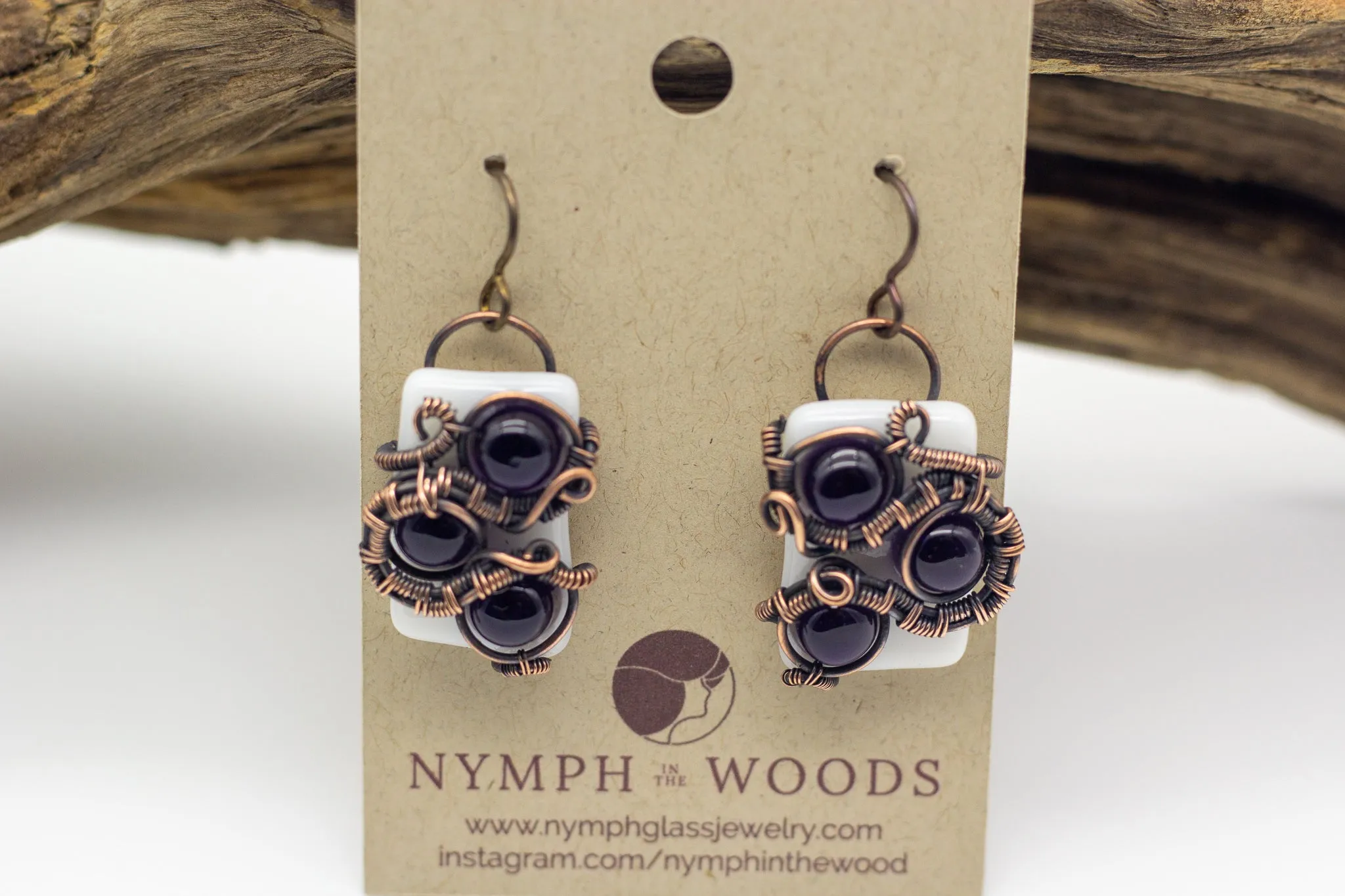 Dark Purple and White Fused Glass and Copper Earrings
