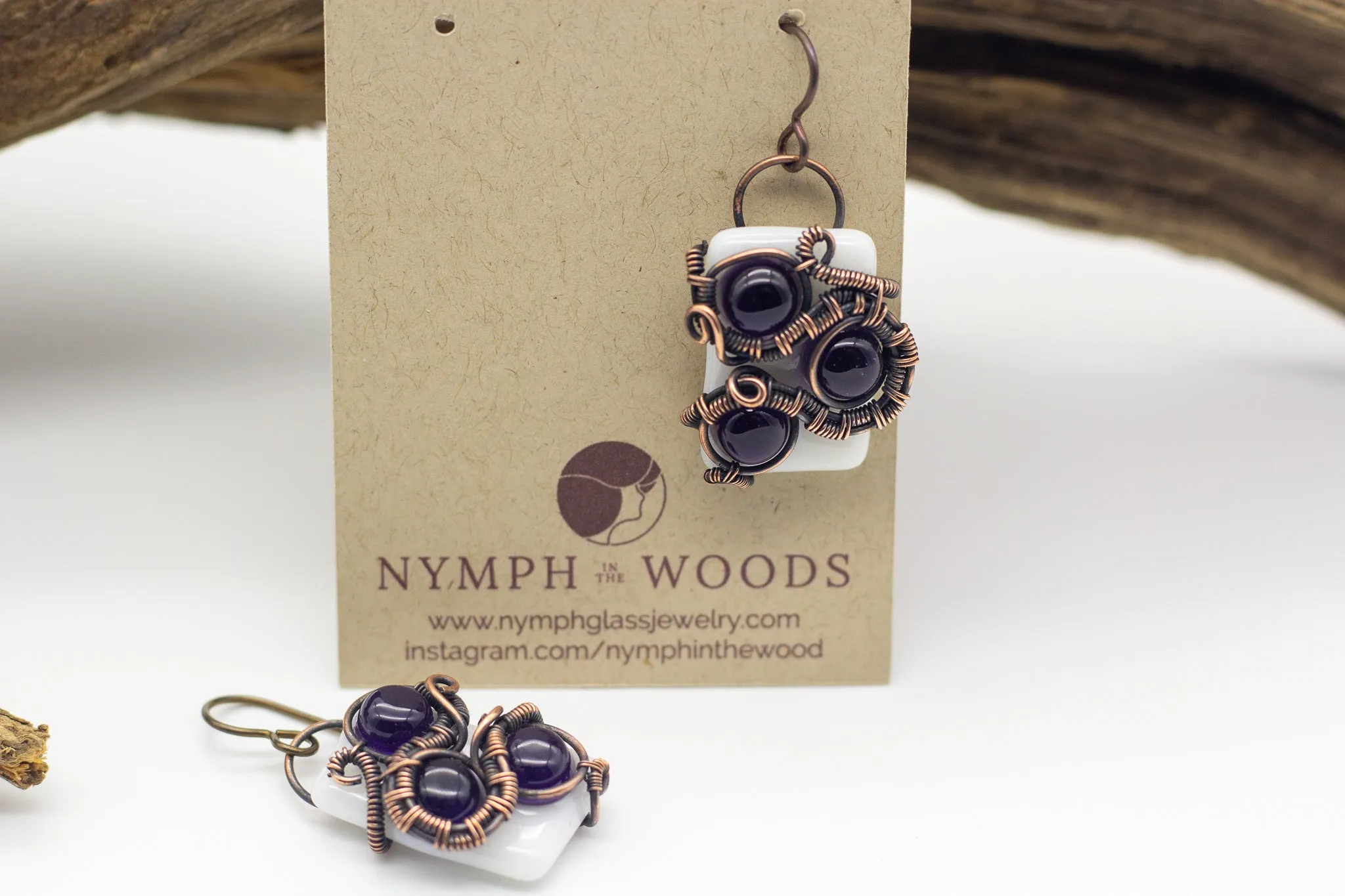 Dark Purple and White Fused Glass and Copper Earrings