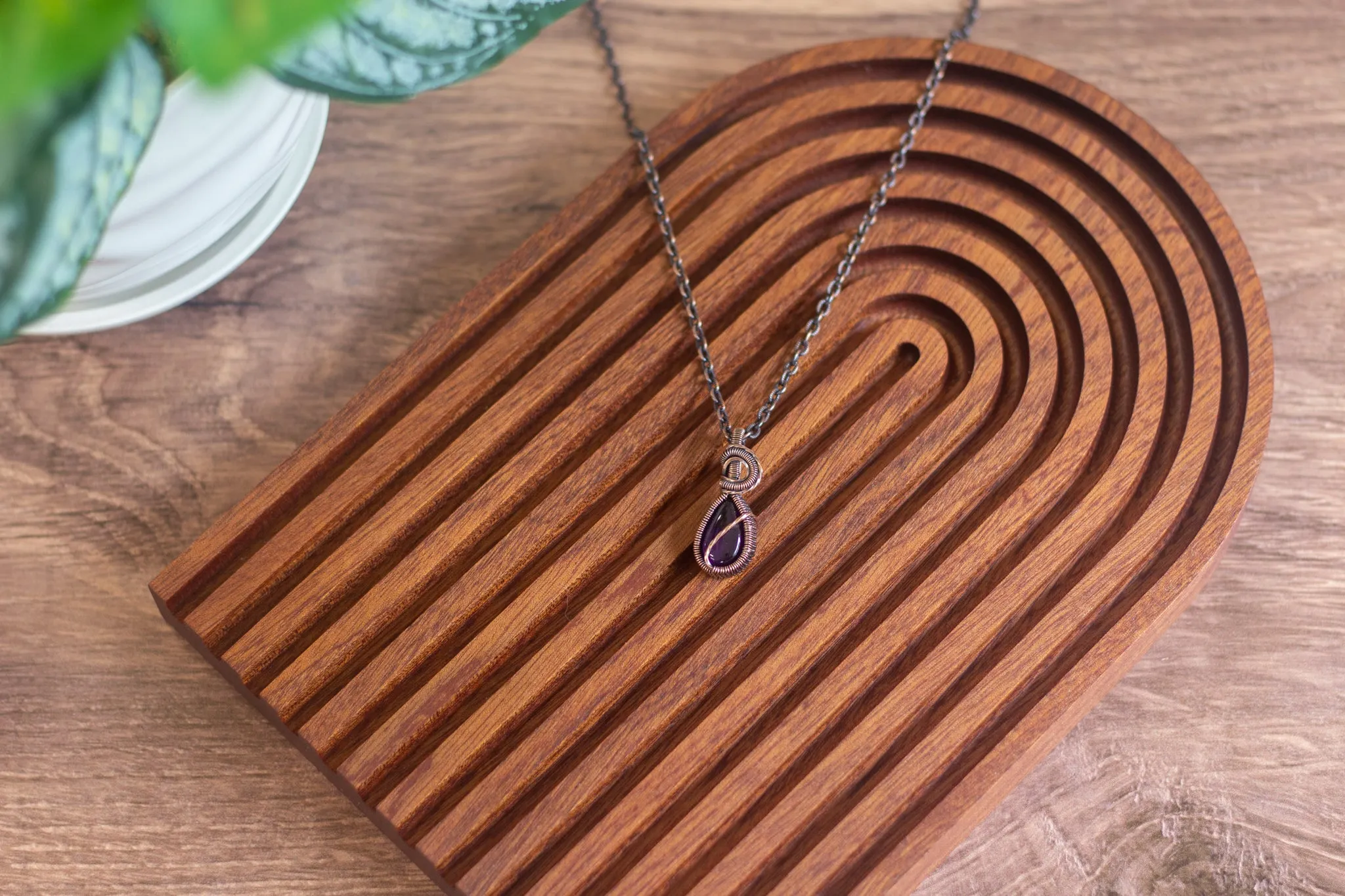 Deep Purple Fused Glass Teardrop Pendant with Copper Wire Wrapping
