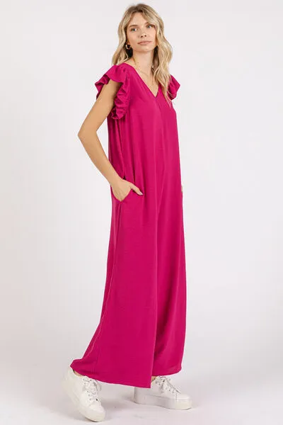 Deep Rose V-Neck Ruffled Cap Sleeve Wide Leg Jumpsuit