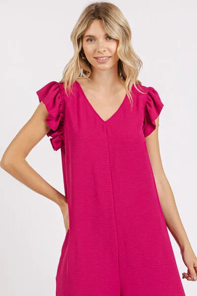 Deep Rose V-Neck Ruffled Cap Sleeve Wide Leg Jumpsuit