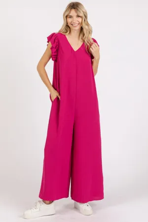 Deep Rose V-Neck Ruffled Cap Sleeve Wide Leg Jumpsuit
