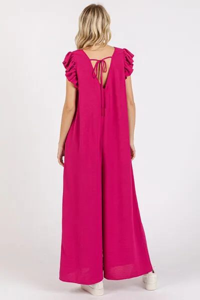 Deep Rose V-Neck Ruffled Cap Sleeve Wide Leg Jumpsuit