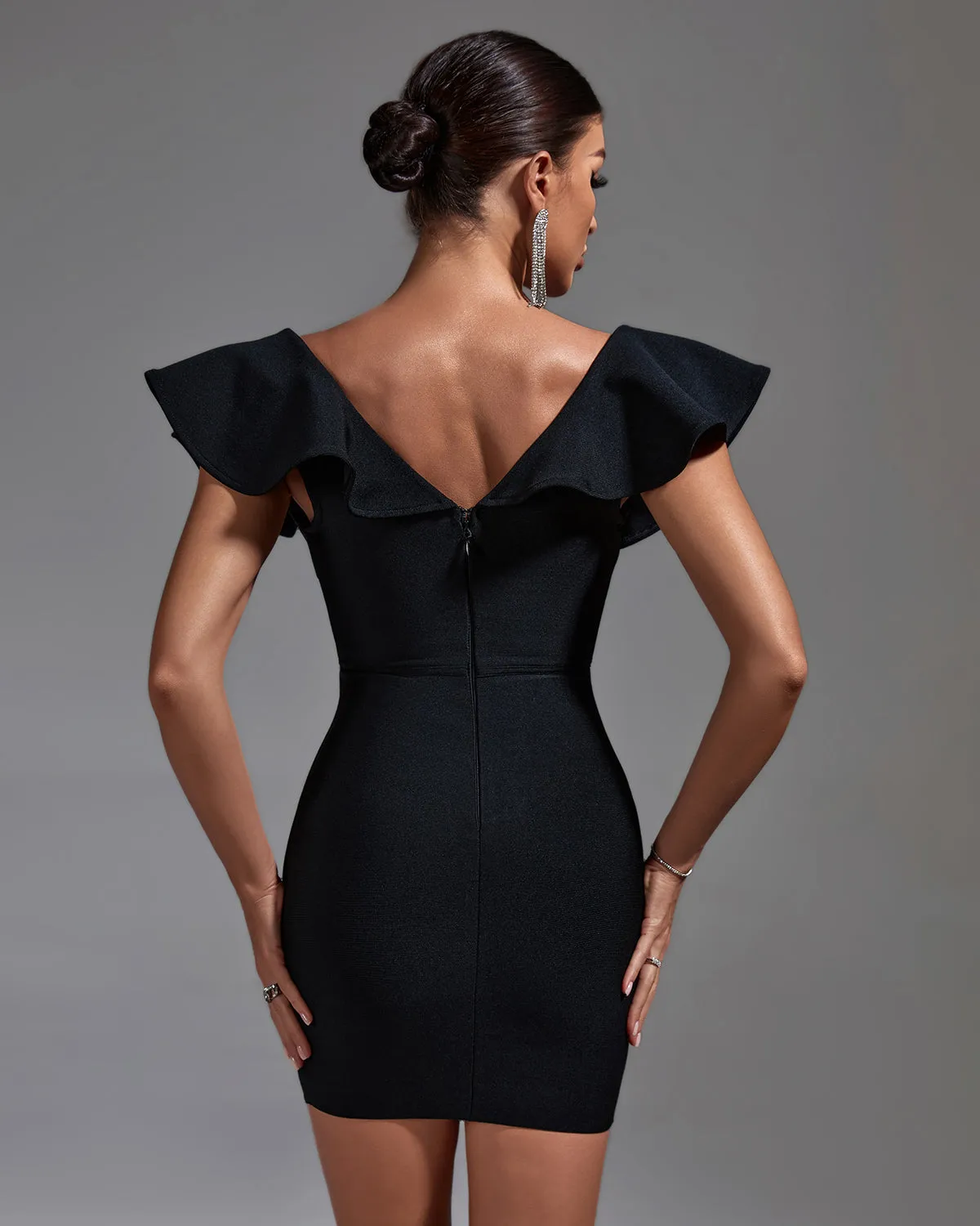 Deep V Ruffled Mini Bandage Dress