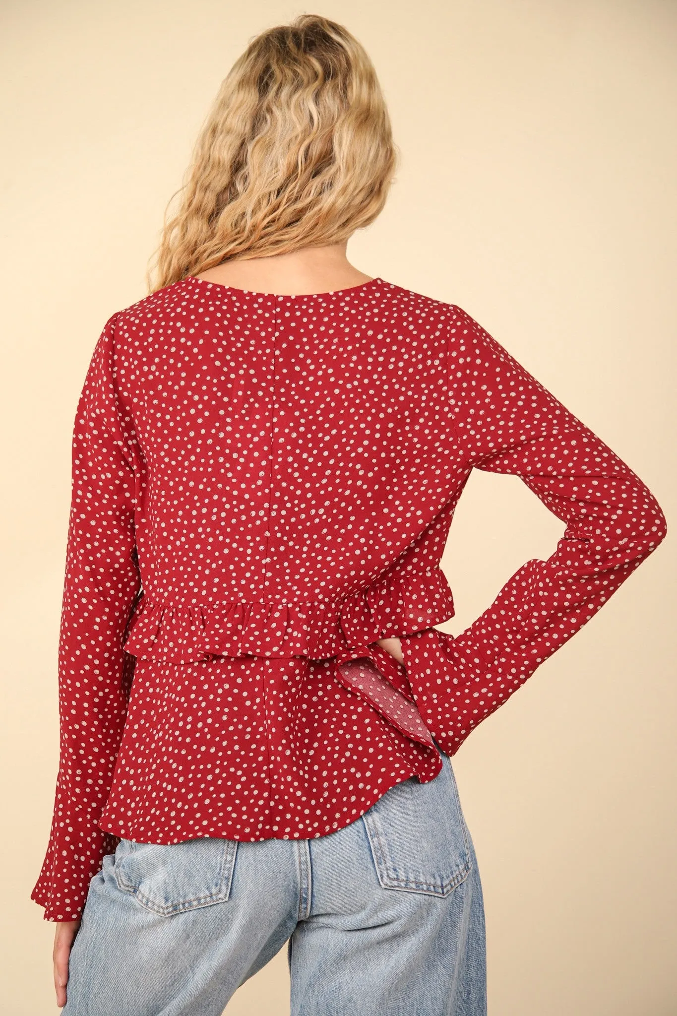 Dotted Ruffled Bell Sleeve V-Neck Blouse