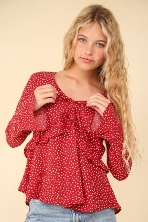 Dotted Ruffled Bell Sleeve V-Neck Blouse