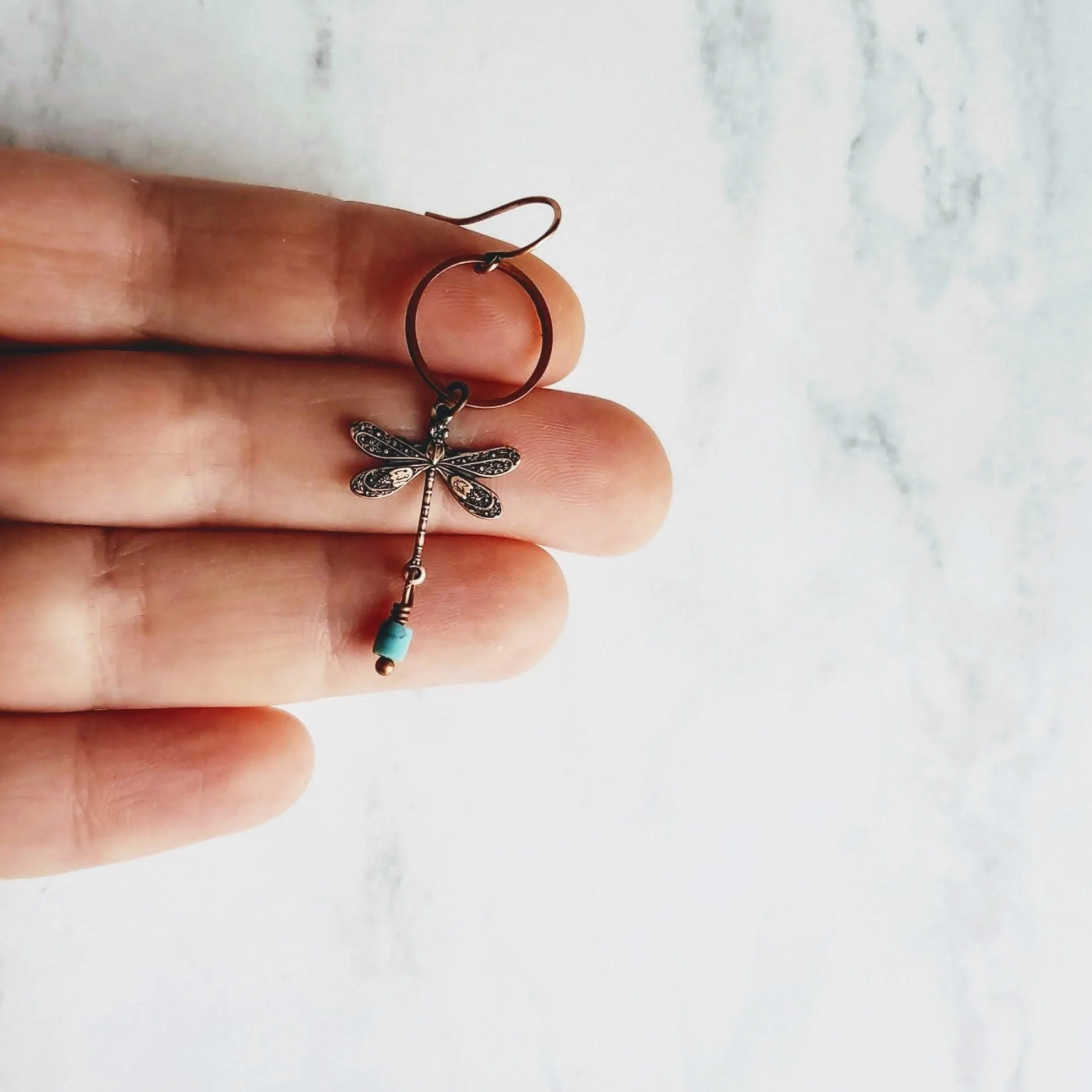 Dragonfly Earrings, bug earring, small dragonfly, rustic copper, antique copper earring, ornate earring, dragonflies copper turquoise dangle