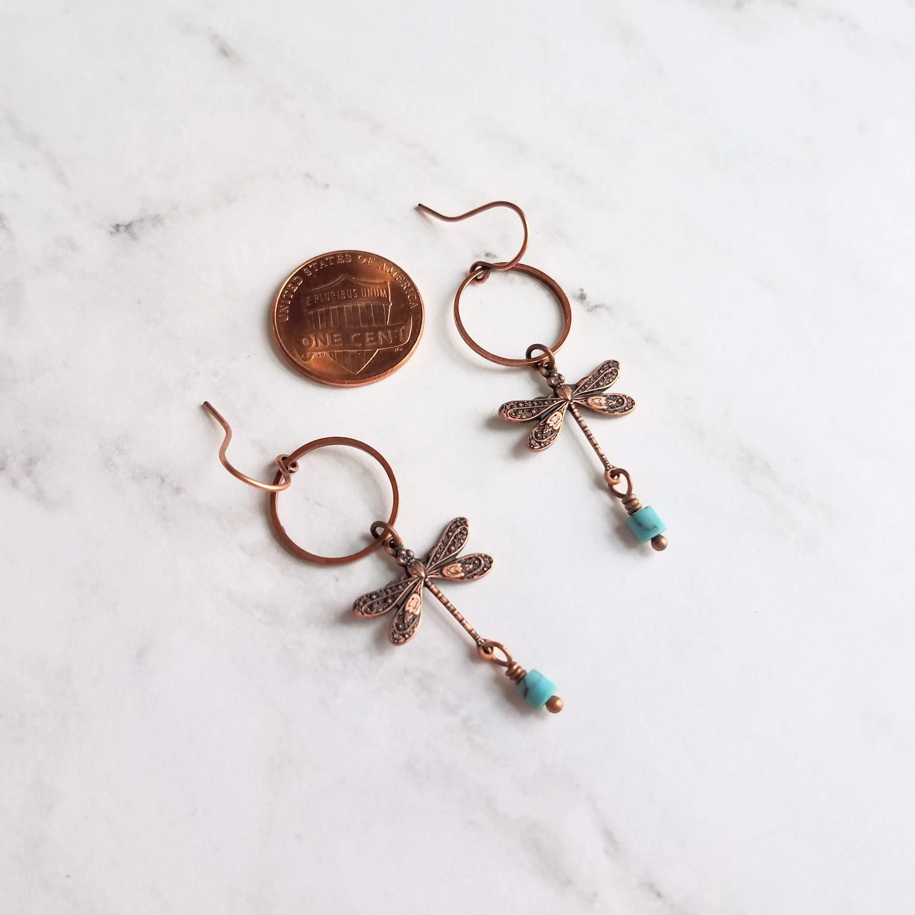 Dragonfly Earrings, bug earring, small dragonfly, rustic copper, antique copper earring, ornate earring, dragonflies copper turquoise dangle