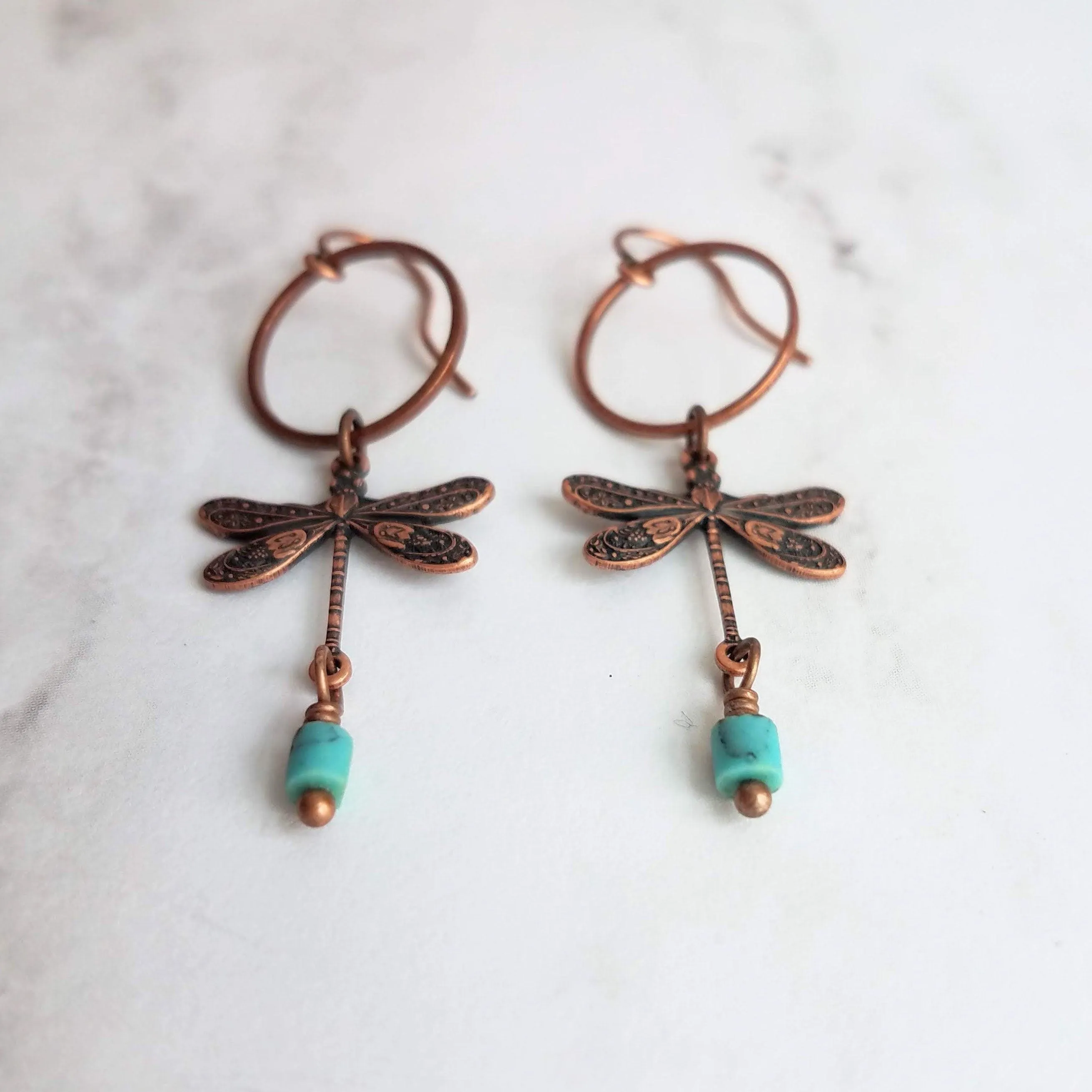 Dragonfly Earrings, bug earring, small dragonfly, rustic copper, antique copper earring, ornate earring, dragonflies copper turquoise dangle