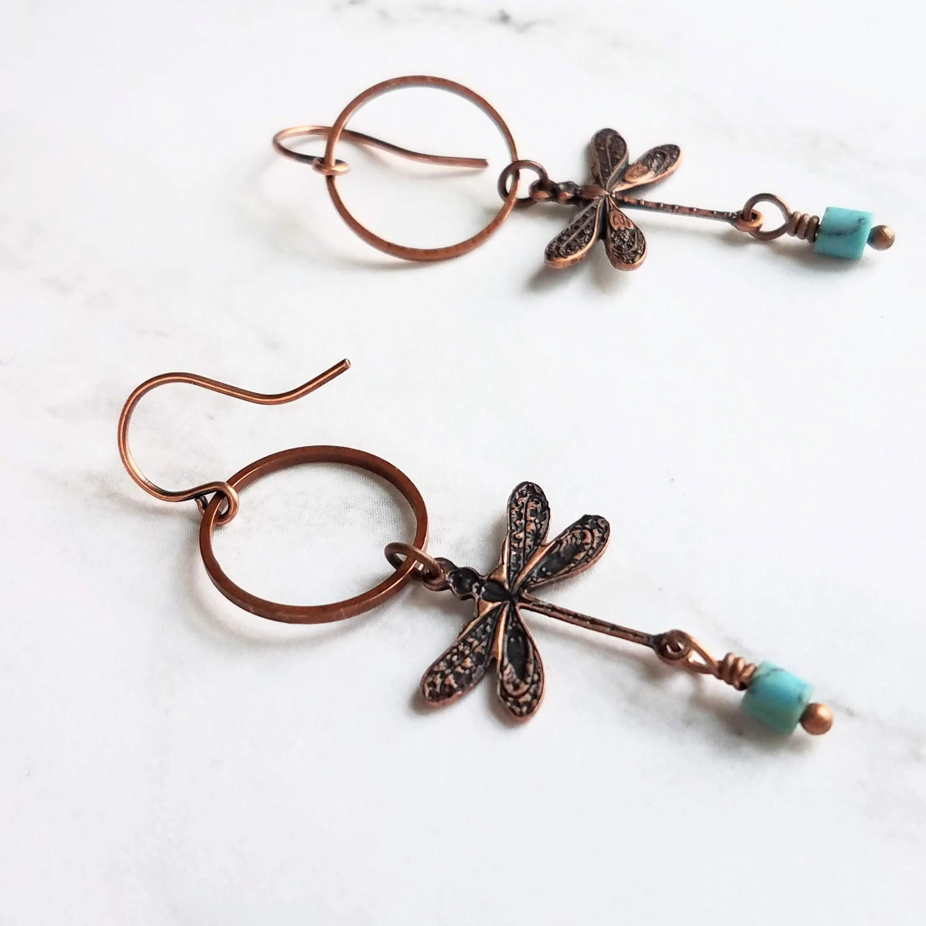 Dragonfly Earrings, bug earring, small dragonfly, rustic copper, antique copper earring, ornate earring, dragonflies copper turquoise dangle