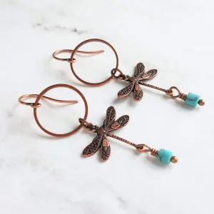 Dragonfly Earrings, bug earring, small dragonfly, rustic copper, antique copper earring, ornate earring, dragonflies copper turquoise dangle