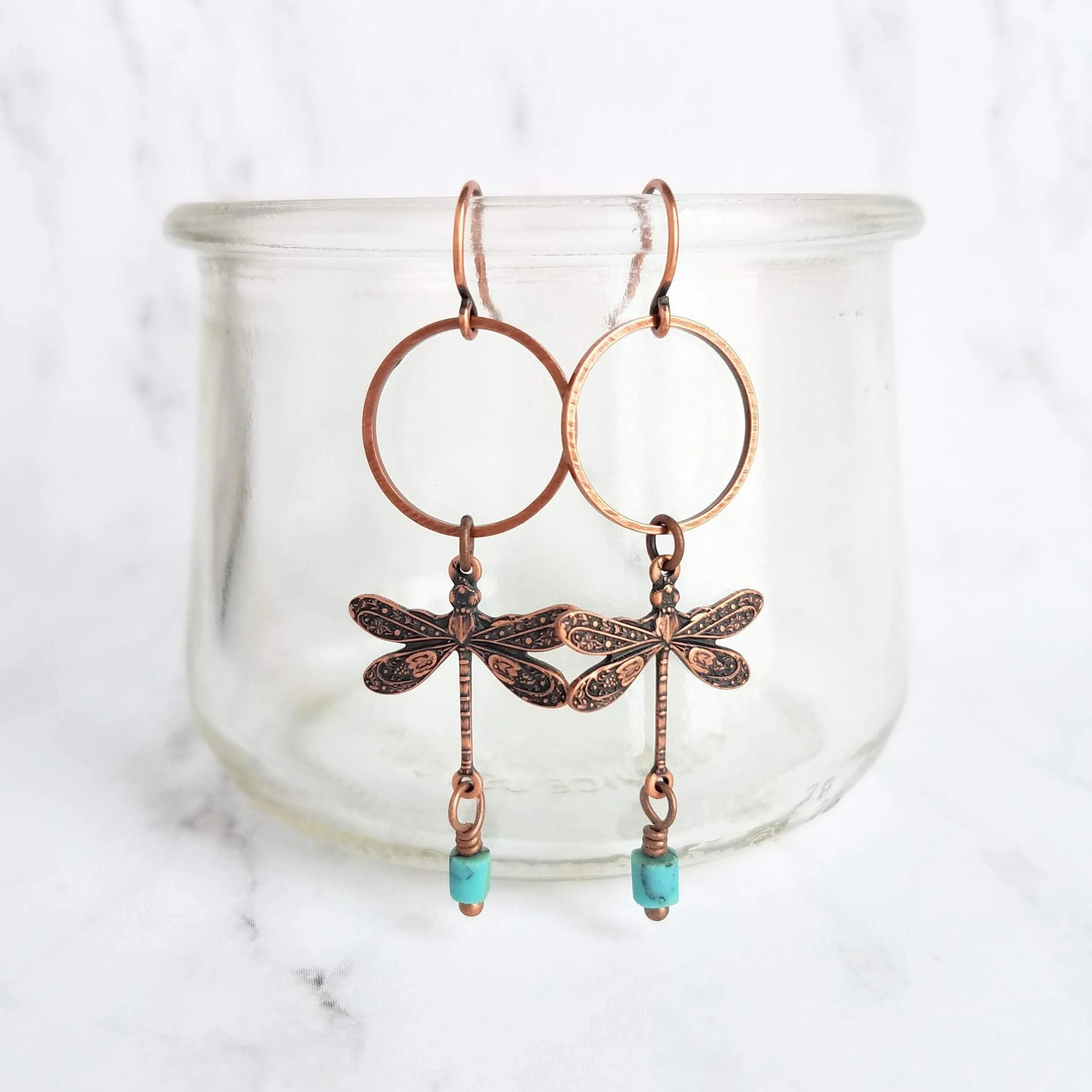 Dragonfly Earrings, bug earring, small dragonfly, rustic copper, antique copper earring, ornate earring, dragonflies copper turquoise dangle